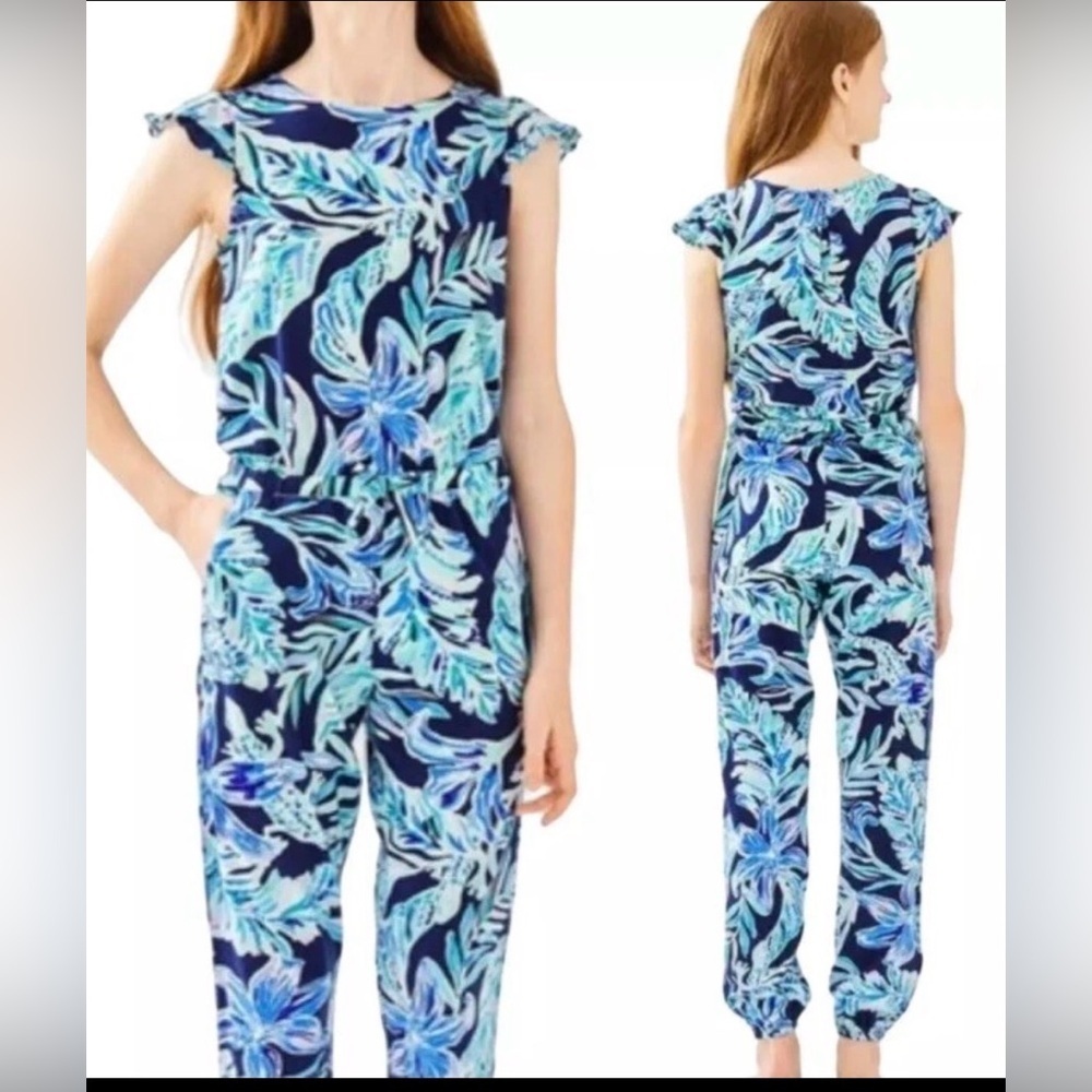 Lilly Pulitzer Odessa Jumpsuit Cinched Waist Floral High Tide Girls XL 12-14
